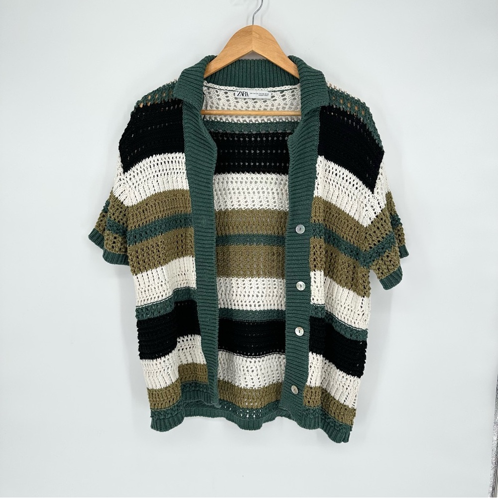 Zara Colorblock Striped Button Down Crochet Knit Polo Cardigan Sweater, Medium - Picture 7 of 14